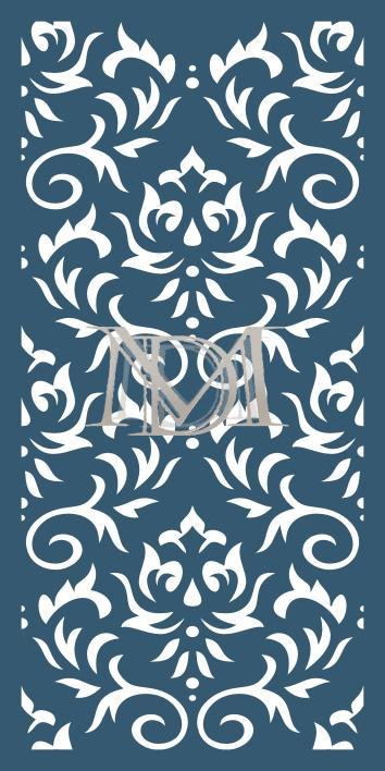 Panel decorativo clásico de corte láser con patrón simétrico de estilo damasco y volutas florales.