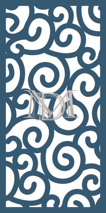 Panel de corte láser con diseño ornamental de espirales fluidas y volutas que simulan el movimiento del viento o el agua.